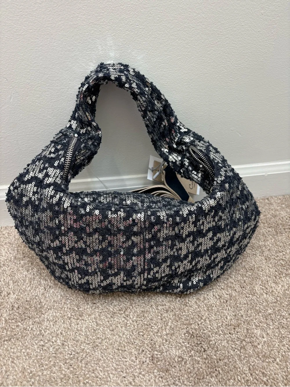 Sequin Hobo Shoulder Bag - Black